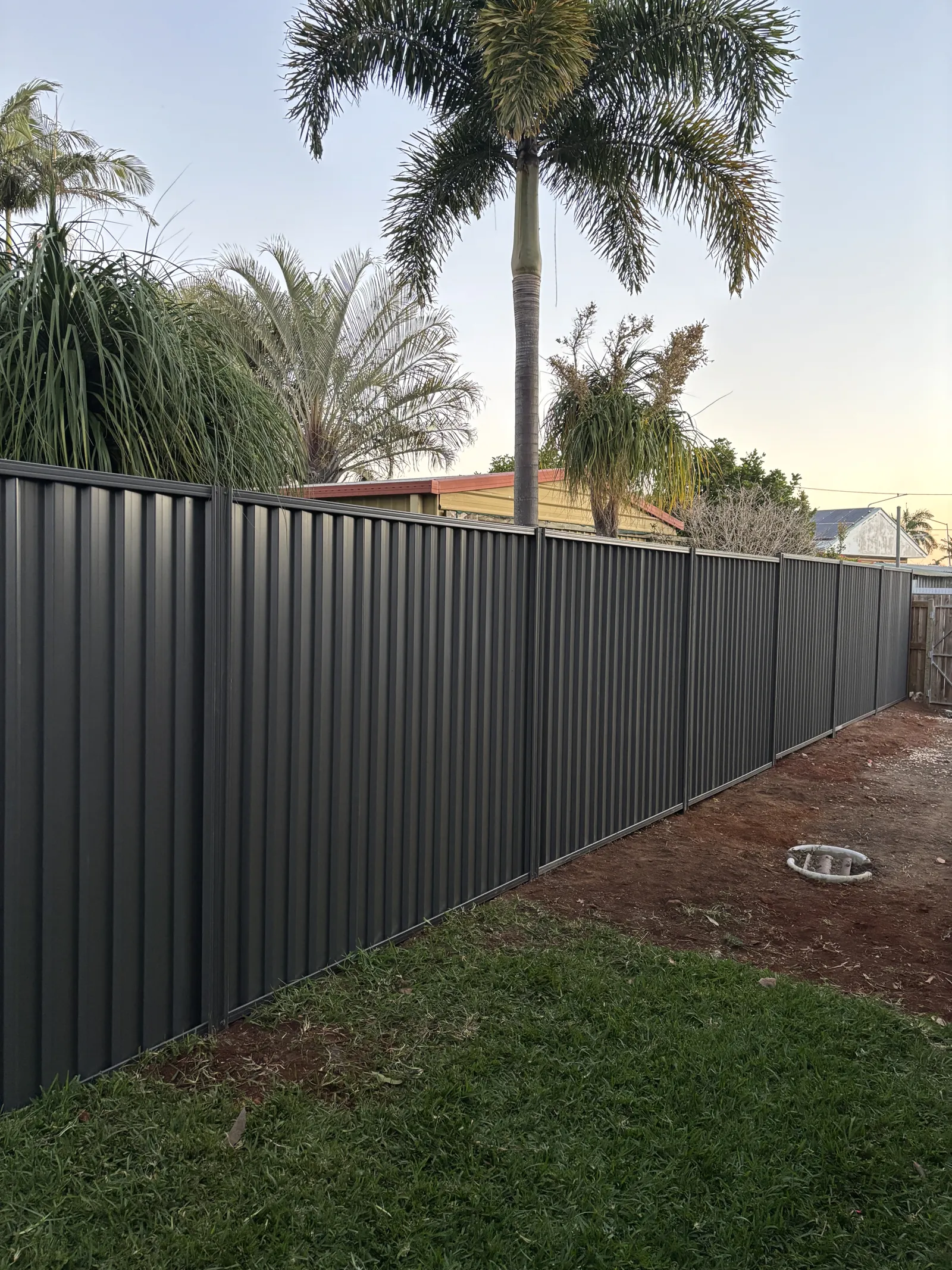 Dark grey Colorbond fence along a backyard boundary