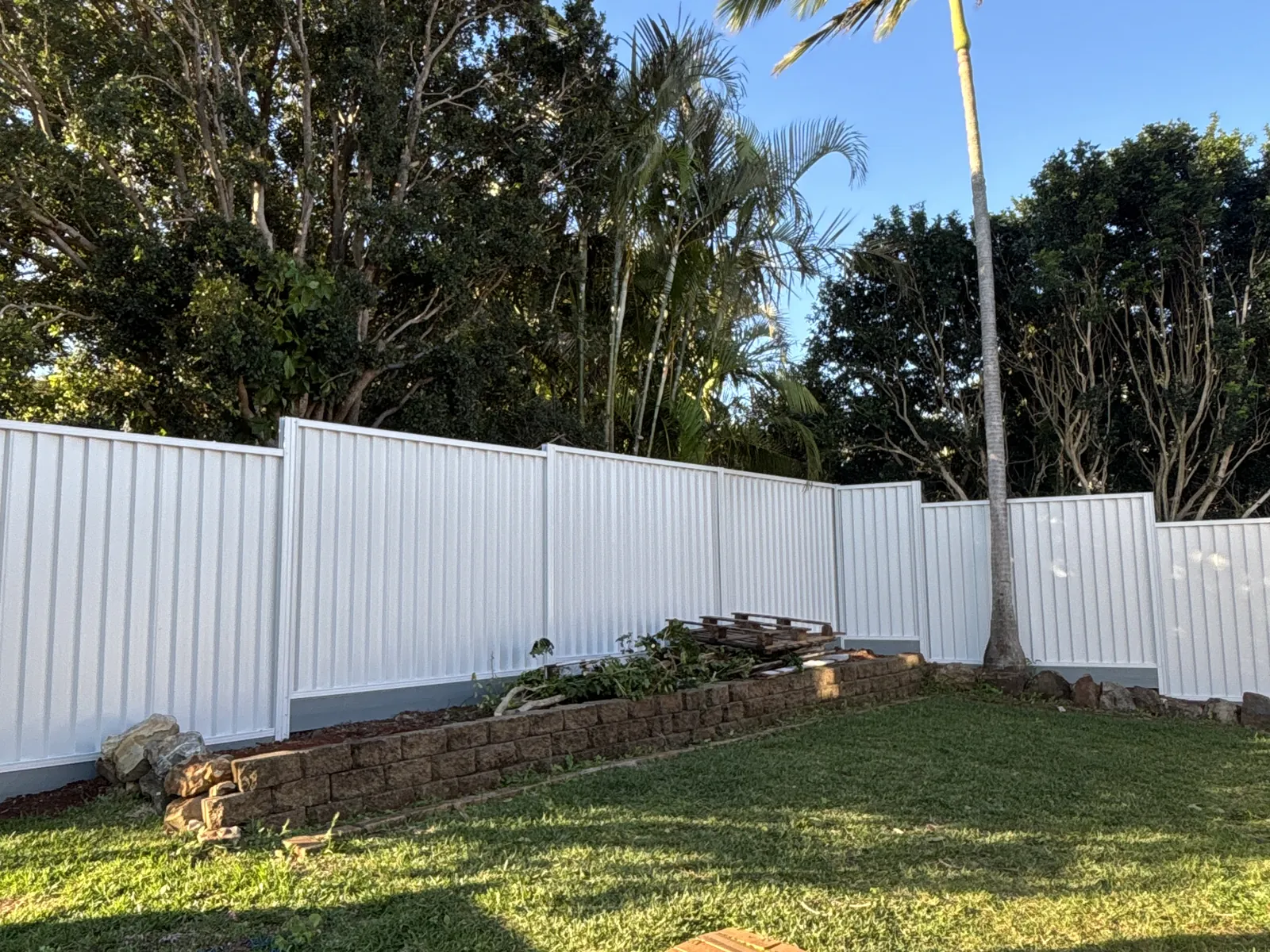 Lawn, brick path and white Colorbond fence